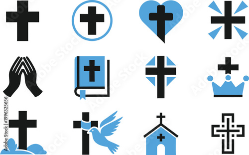 Religion and Faith Icons Set. Cross, Church, Prayer, Crown, Spiritual Symbols Vector Illustration