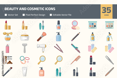 Collection of beauty and cosmetic icons including makeup tools, skincare products, hair styling accessories, and personal care items in flat vector illustration set