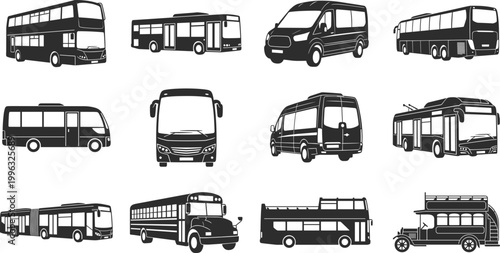 Collection of bus silhouettes in vector style featuring city transit vehicles, vans, and public transportation designs for urban mobility and travel projects