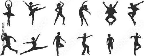Dance silhouette icon set featuring dynamic human figures in various poses for performance, movement, choreography, and artistic design projects in vector style