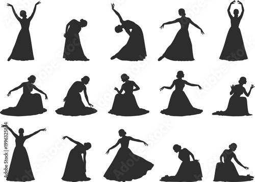 Elegant woman dance silhouette set featuring graceful female figures in flowing dress poses for ballet, performance, and artistic vector design projects