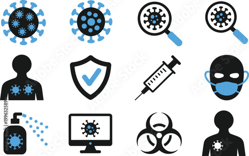 Virus and Medical Protection Icons Set. Coronavirus, Shield, Syringe, Biohazard, Healthcare Vector Illustration