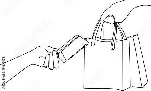 Continuous line drawing of hand paying with credit card to receive shopping paper bags.