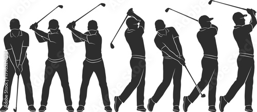 Sequence of golfer silhouette showing swing motion phases, from stance to follow through, isolated sports action figures in black vector illustration set