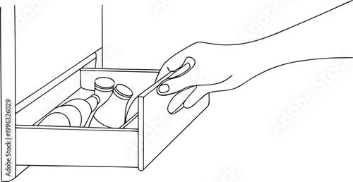 Continuous line drawing of hand reaching into drawer with medicine bottles for healthcare.