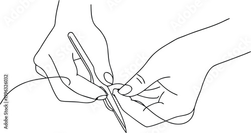 Continuous line drawing of hands knitting with needles and yarn on checkered background.