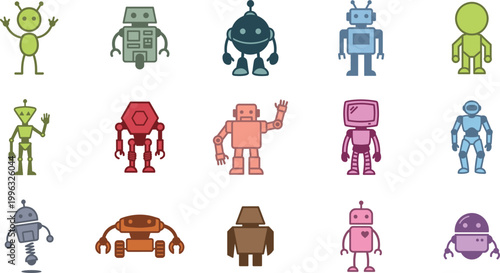 Set of cute robot icons featuring colorful cartoon android characters, friendly AI bots and playful futuristic machines in flat vector illustration collection