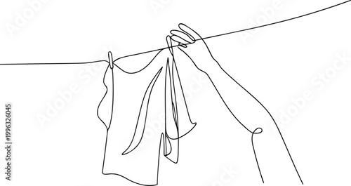 Continuous line drawing of laundry hanging on clothesline with hand holding garment fabric.
