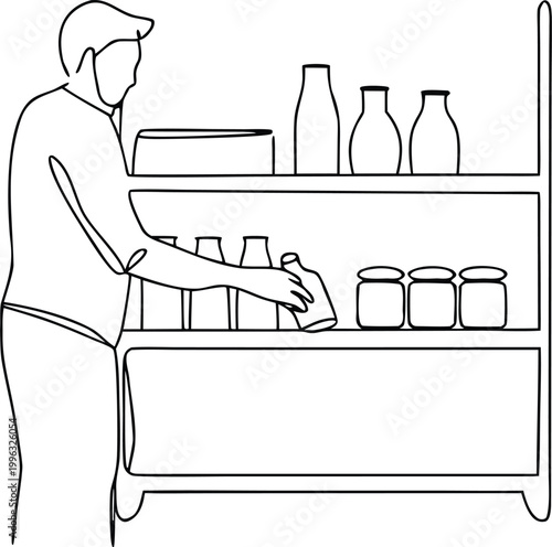 Continuous line drawing of man choosing drink from refrigerator shelf in supermarket.
