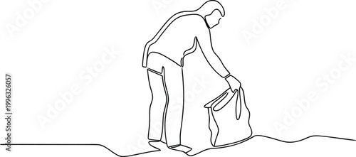 Continuous line drawing of man picking up trash bag cleaning environment in park outdoors.