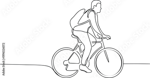 Continuous line drawing of man riding bicycle with backpack on checkered background.