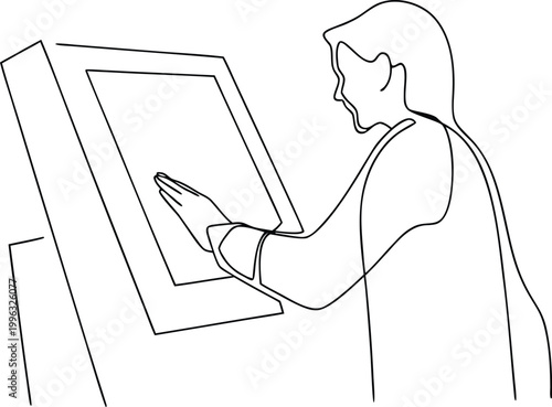 Continuous line drawing of man using self service terminal touchscreen kiosk.