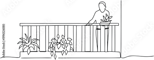 Continuous line drawing of man standing on balcony, minimal style with houseplant on rail.