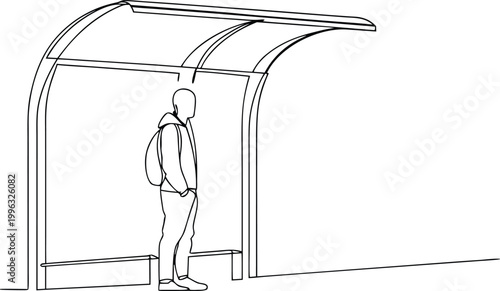 Continuous line drawing of man standing at bus stop waiting for public transport.