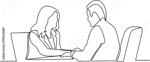 Business meeting between man and woman shaking hands in line drawing.