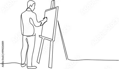 Artist standing in front of canvas with easel creating beautiful drawing in line style.