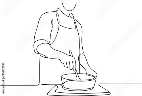 Chef stirring food in bowl wearing apron using continuous line drawing for kitchen concept.