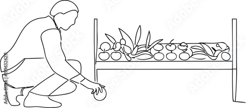 Continuous line drawing of a man choosing fresh produce from a display at a market stall.