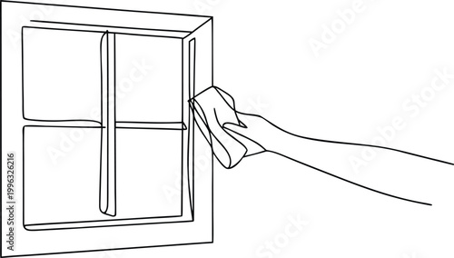 Continuous line drawing of a person cleaning a glass window with a sponge in the daytime.