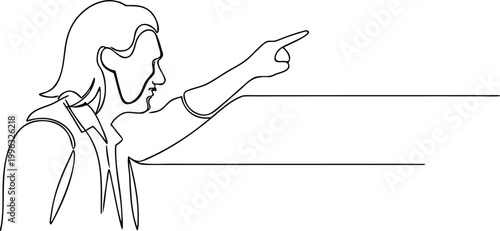 Continuous line drawing of a man pointing his finger, indicating or directing attention.