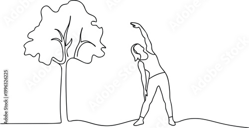 Continuous line drawing of a person stretching near a tree in a park for healthy lifestyle.