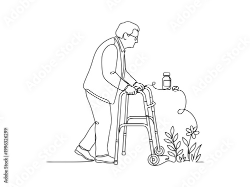 Elderly person using a walker with medicine bottle and plant. Continuous line art vector illustration. Senior rehabilitation and healthcare concept