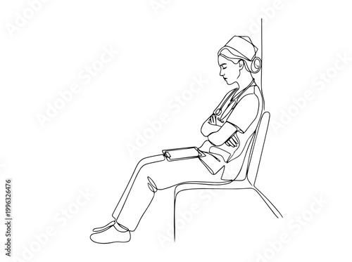 Exhausted nurse resting on chair continuous line drawing. Medical staff overwork and fatigue concept. Minimalist vector illustration