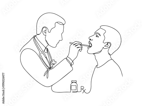 Doctor examining patient throat and prescription medicine. Continuous one line drawing vector illustration