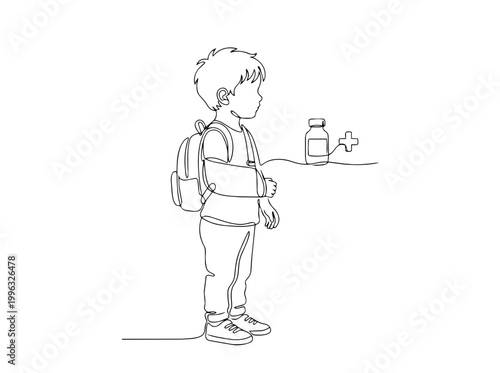 Kid with broken arm in sling and medication. Continuous one line drawing pediatric concept. Minimalist vector illustration