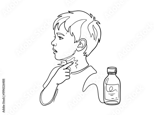 Child with sore throat. Continuous line art illustration of pediatric medical symptom. Vector graphic isolated on white background