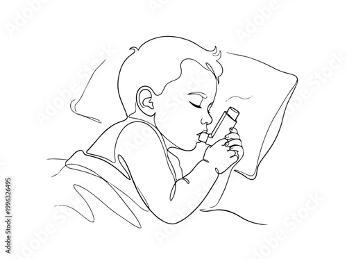 Child using asthma inhaler. Continuous line art illustration of pediatric healthcare. Vector graphic isolated on white background