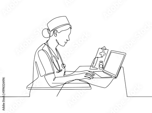 Nurse working on laptop continuous one line drawing. Minimalist medical vector illustration