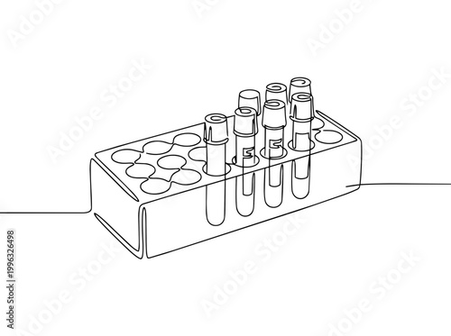 Blood sample tubes in tray. Continuous line art illustration. Laboratory equipment concept