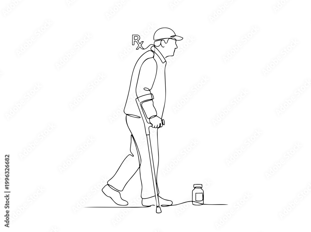 Fototapeta premium Senior man walking with crutch and prescription medicine. Continuous one line drawing. Minimalist vector illustration