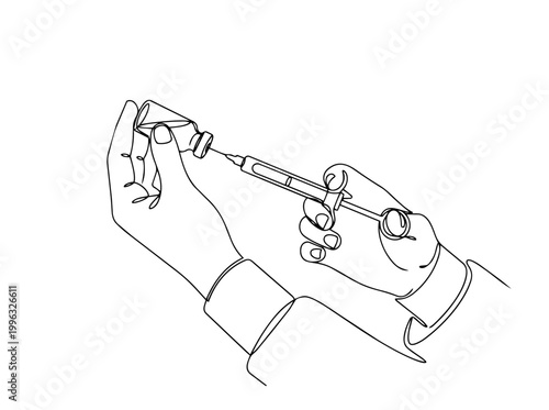 Dentist hands preparing syringe with anesthetic line art. Continuous one line drawing vector illustration. Dental treatment concept