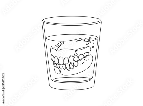 Denture soaking in a glass of water line art. Continuous one line drawing vector illustration. Dental care and hygiene concept