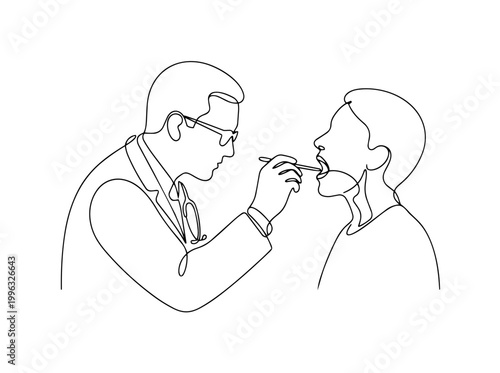 Doctor examining patient throat with tongue depressor. Continuous one line drawing vector illustration