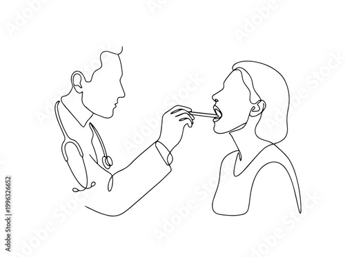 Doctor checking patient throat with tongue depressor. Continuous line art vector illustration. Medical examination concept