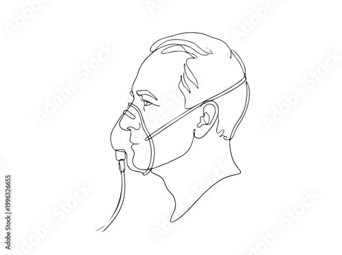 Elderly man with oxygen mask continuous line drawing. Medical healthcare and respiratory treatment concept. Minimalist vector illustration