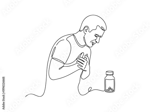 Man holding chest in pain with medication bottle. Continuous one line drawing heart attack concept. Minimalist vector illustration
