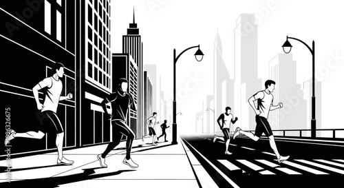 People running on city street sidewalk.