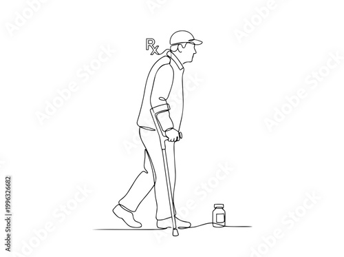 Senior man walking with crutch and prescription medicine. Continuous one line drawing. Minimalist vector illustration