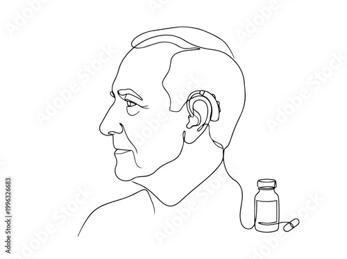 Elderly man wearing a hearing aid with medicine bottle and pill. Continuous line art vector illustration. Senior auditory healthcare and treatment concept