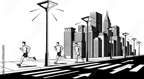 People jogging across city street crossing.