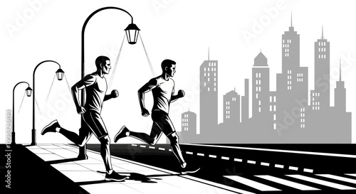 Two men jogging on city sidewalk.