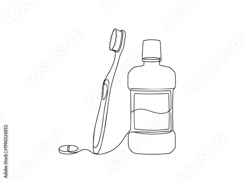 Mouthwash bottle and toothbrush. Continuous one line drawing vector illustration