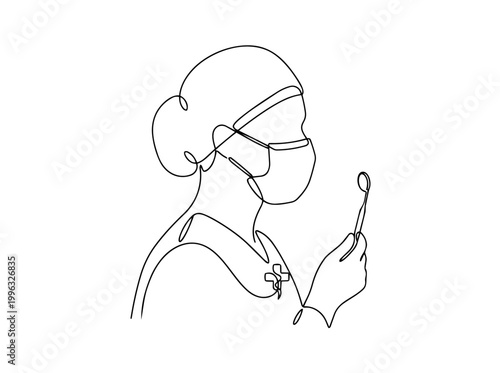 Dental hygienist wearing mask and cap. Continuous line drawing illustration. Dentistry professional holding mouth mirror isolated on white background