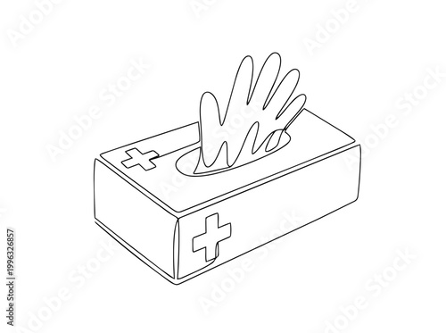 Box of disposable medical gloves. Continuous line art vector illustration. Healthcare hygiene and protective equipment concept