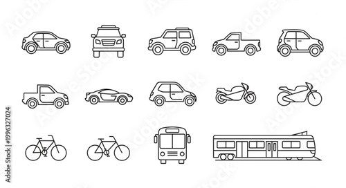 Variety of vehicles and bicycles icons.