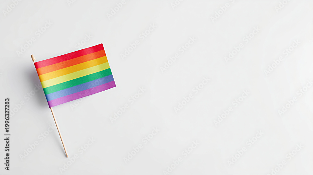 Fototapeta premium Small rainbow pride flag on a wooden stick placed on a clean white background, symbolizing LGBTQ+ pride and inclusivity in a minimalistic setting